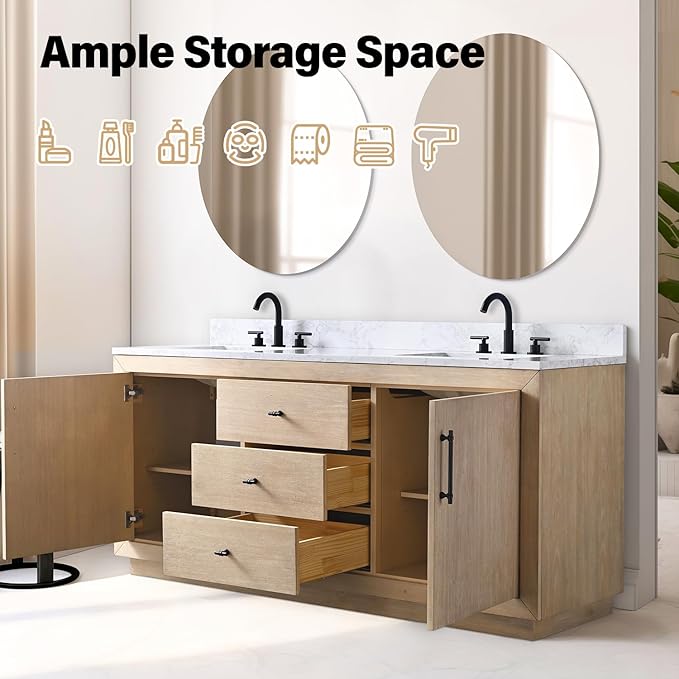 Vanity Art 72 inch Double Sink Bathroom Vanity, Vanity Cabinet with Doors and Shelf, Modern Wood Bathroom Vanity with White Marble Top, Solid Wood Frame, 3 Functioning Drawers,VA70-72-DLW-E