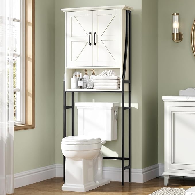 Over The Toilet Storage Cabinet, Over Toilet Bathroom Organizer, Above Toilet Storage Cabinet with Barn Doors Behind Toilet Bathroom Organizer (Cream White)