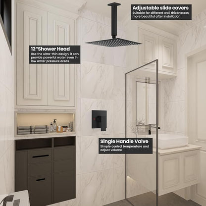 Airuida 12 Inch Matte Black Shower Faucet Set,Rainfall Shower System | Ceiling Shower Head,Male Thread Rough-in Valve,Ceiling Mount,Single Handle