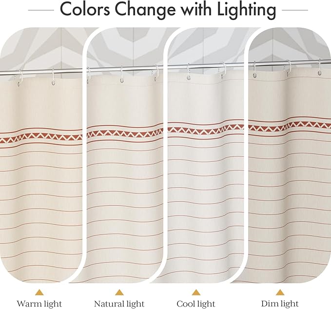 AmazerBath Boho Shower Curtain, Modern Farmhouse Shower Curtain Set with Tassels, Rustic Faux Linen Red Striped Shower Curtain with Hooks, Light Tan Toned, 72x72 Inches