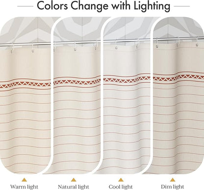 AmazerBath Boho Shower Curtain, Modern Farmhouse Shower Curtain Set with Tassels, Rustic Faux Linen Red Striped Shower Curtain with Hooks, Light Tan Toned, 72x72 Inches