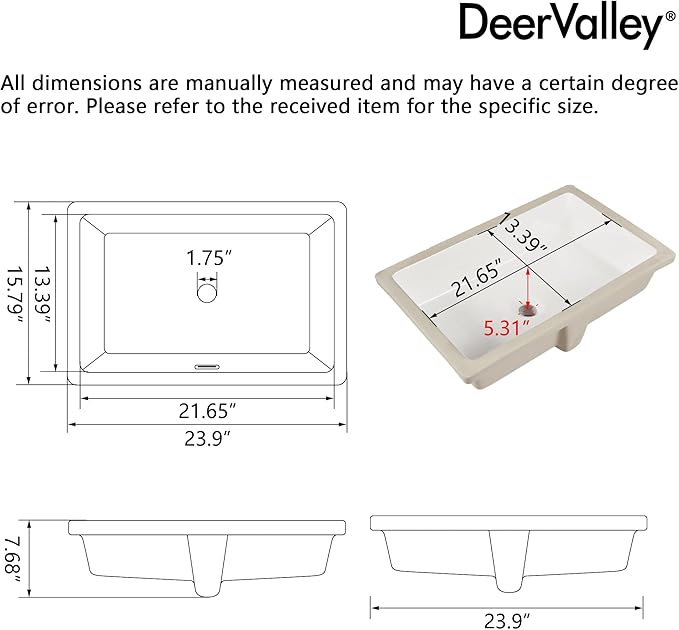 DeerValley 23.9"x15.79" Undermount Bathroom Sink Rectangular Undermount Sink White Ceramic Under Counter Bathroom Sinks with Flat Overflow DV-1U0209