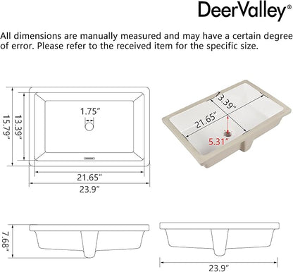DeerValley 23.9"x15.79" Undermount Bathroom Sink Rectangular Undermount Sink White Ceramic Under Counter Bathroom Sinks with Flat Overflow DV-1U0209