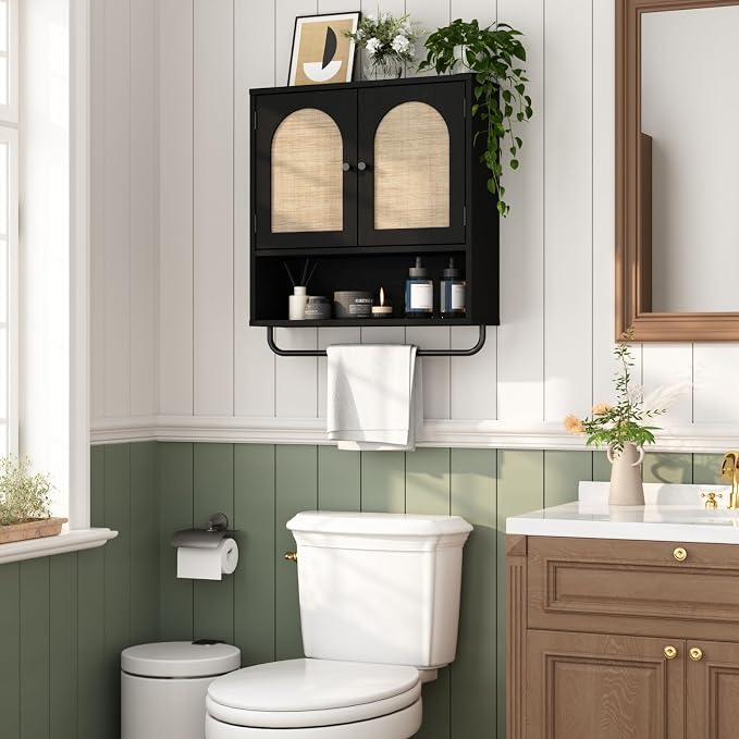 RUSTOWN Rattan Bathroom Wall Cabinet, Boho Medicine Cabinet with 2 Doors | Arched Doors, Farmhouse Over The Toilet Storage Cabinets, Adjustable Shelves, Towel Bar, 3-Tier Wall Mounted Cabinets
