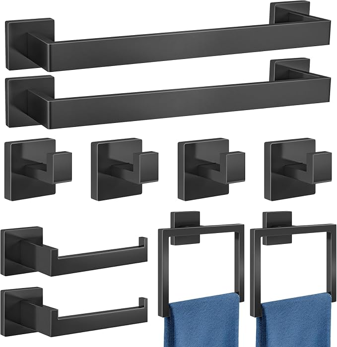 Gypie Bathroom Accessories Set Wall Mounted, 10-Piece 16In Matte Black | Stainless Steel Modern Wall Mount Towel Racks for Bathroom Towel Bar Set