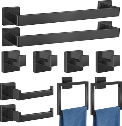 Gypie Bathroom Accessories Set Wall Mounted, 10-Piece 16In Matte Black | Stainless Steel Modern Wall Mount Towel Racks for Bathroom Towel Bar Set