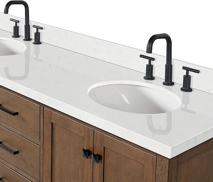 ARIEL Cambridge 66-inch Bathroom Vanity with Sink,Solid Wood, 1.5-inch Carrara White Quartz Countertop & Backsplash, Double Oval Porcelain Sink, 4 Soft Closing Doors, 6 Dovetail Drawers, Brown Oak