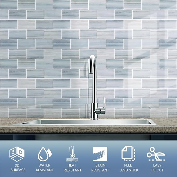 Tilingview 10PCS Peel and Stick Backsplash for Kitchen, Self-Adhesive Vinyl Gel Subway Tile, Wall Tile for Home Decoration (Blue Gray Subway)