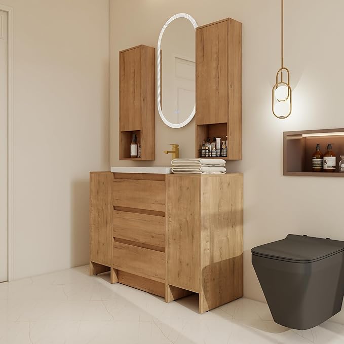 48" Bathroom Vanity Set, 48 Inch Modern Freestanding Vanity with 3 Drawers and 2 Wall-Mounted Side Cabinet, Single Resin Sink Floor Stand Cabinet Set Imitative Oak