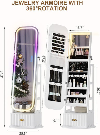Jewelry Cabinet with RGB Mirror and Foldable Makeup Shelf - White | SKKTKT Standing Jewelry Armoire - Rotating Storage, RGB Mirror and Foldable Makeup Shelf