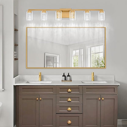 SineRise 6-Light Gold Vanity Light with 3 Color Modes (3000K/4000K/6000K), Eye Protection LED Bathroom Light Fixture, Dimmable Modern Wall Light Over Mirror with Clear Glass Shade