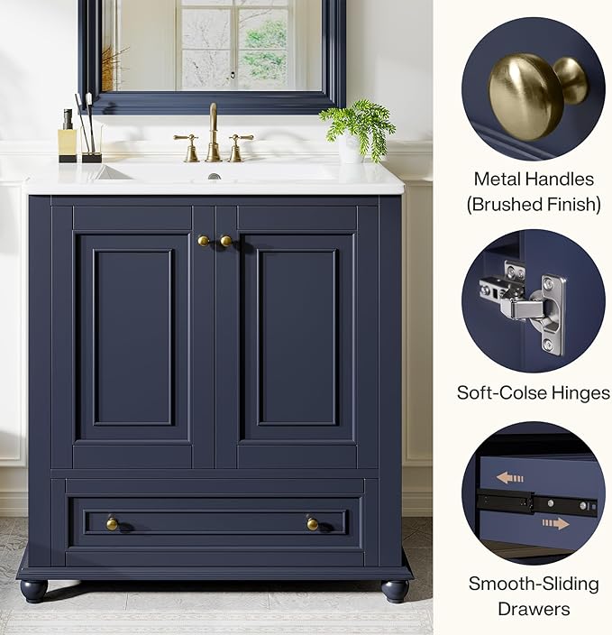 Tribesigns 30" Bathroom Vanity with Ceramic Sink Combo, Freestanding Bathroom Storage Vanity Cabinet with 2 Doors & 1 Drawer, Solid Wooden Frame & Coated Surface, Metal Handle, Navy Blue