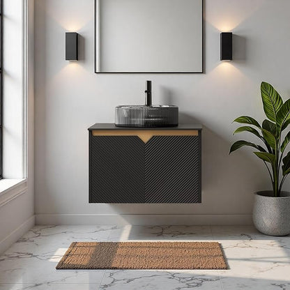24" Bathroom Vanity with Sink, Wall-Mounted Bathroom Vanity with Transparent Black Round Glass Basin, Modern Plywood Floating Vanity with Twill Double Doors, Bathroom Storage Cabinet, Black