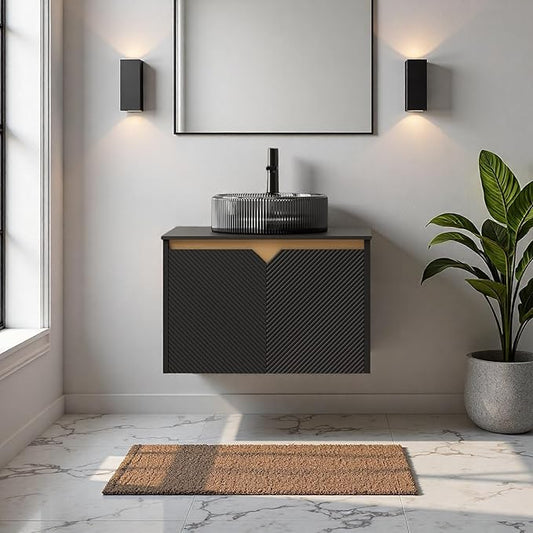 24" Bathroom Vanity with Sink, Wall-Mounted Bathroom Vanity with Transparent Black Round Glass Basin, Modern Plywood Floating Vanity with Twill Double Doors, Bathroom Storage Cabinet, Black
