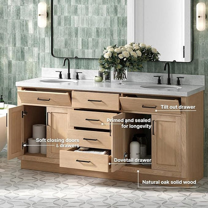 ARIEL Hepburn 72-inch Bathroom Vanity Base Cabinet,Solid Wood, 4 Soft Closing Doors, 6 Dovetail Drawers, White Oak