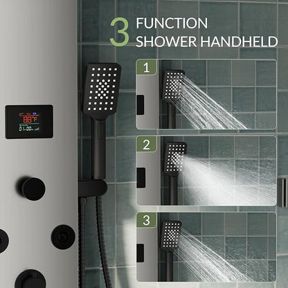 5 In 1 Shower Panel Tower System, 304 Stainless Steel LED Rainfall Shower Head with 8 Massage Body Jets, 3 Functions Handheld Head and Tub Spout for Home Hotel Bathroom Lavatory, Brushed Nickel