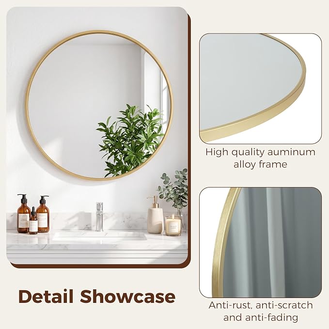 Sweetcrispy 28 Inch Round Wall Mirror, Bathroom Mirrors for Over Sin | Matte Metal Framed, Wall Decor for Bedroom, Entryway, Anti-Rust, Tempered Glass, Hanging or Leaning, Gold