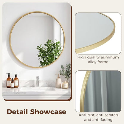 Sweetcrispy 30 Inch Round Wall Mirror, Bathroom Mirrors for Over Sink | Matte Metal Framed, Wall Decor for Bedroom, Entryway, Anti-Rust, Tempered Glass, Hanging or Leaning, Gold