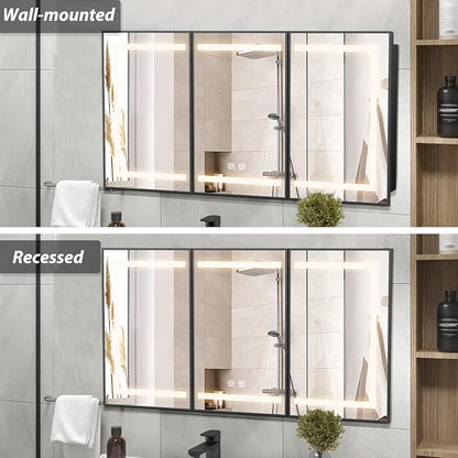 APRILSOUL 48x32 Inch Lighted Bathroom Medicine Cabinet with Mirror, Black Recessed or Surface Mount Medicine Cabinet Mirror with Storage and LED Lights, 3 Colors Temperature, Dimmable Light