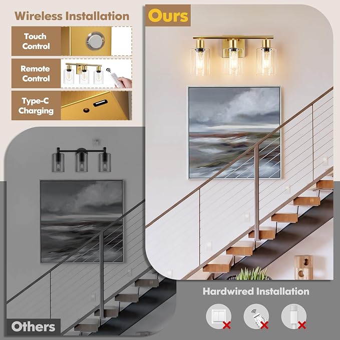 Battery Operated Wall Sconce, 3-Light Dimmable Rechargeable Wireless Vanity Light Fixture with Remote & Bulbs, Gold Indoor Non-Hardwired Decor Wall Lamp for Bedroom, Living Room, Hallway, Mirror
