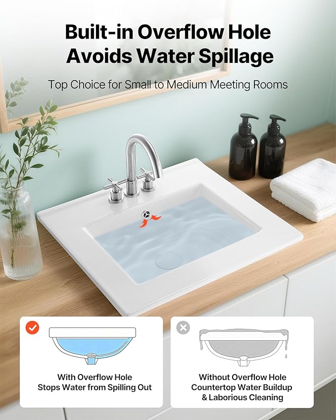 VEVOR Semi Recessed Bathroom Sink, 20.08 x 18.31 Inch Rectangular White Ceramic Vessel Sink with Overflow and 3 Faucet Holes, Drop in Modern Lavatory Vanity Bath Wash Bowl Basin Rectangle Small Space
