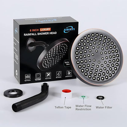 6" Rain Shower Head & 6" Shower Arm, Luxe Oil Rubbed Bronze Finish | High Pressure 6 Inch Fixed Showerhead, Adjustable Replacement, 90 Nozzles, Removable Restrictor, Tool-Free Easy to Install