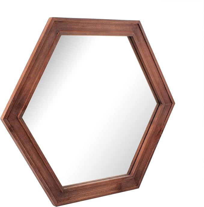 Stonebriar Decorative 24" Hexagon Wall Mirror with Redwood Frame and Attached Hanging Bracket, Decorative Country Rustic Decor for The Living Room, Bedroom, Bathroom, Hallway, and Entryway