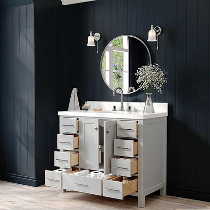 ARIEL Cambridge 42-inch Bathroom Vanity with Sink,Solid Wood, 1.5-inch Pure White Quartz Countertop & Backsplash, Single Oval Porcelain Sink, 2 Soft Closing Doors, 9 Dovetail Drawers, Grey