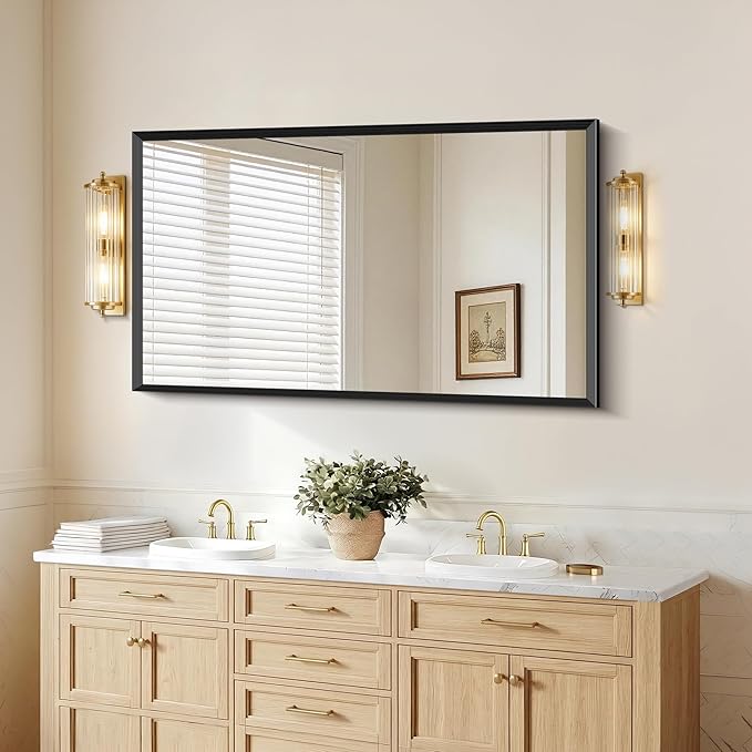 Black Bathroom Mirror 36 x 48 Inch Rectangle Wave Beveled Frame for Wall Bathroom Vanity Mirror for Over Sink, Tempered Glass,for Entryway Hangs, Bathroom Living Room Horizontal or Vertical