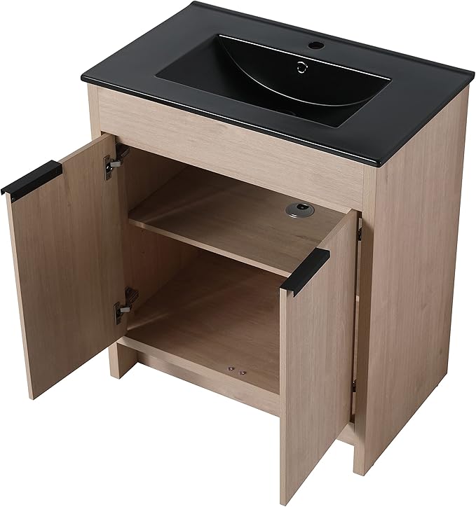 SSLine 30-Inch Bathroom Vanity with Sink Mid-Century Bathroom Vanities with Black Top Basin Floor Wood Bathroom Sink Cabinet with Soft-Close Doors & Adjustable Storage Shelves (Light Oak)