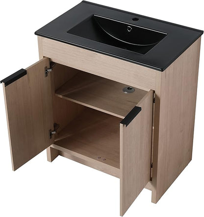 SSLine 30-Inch Bathroom Vanity with Sink Mid-Century Bathroom Vanities with Black Top Basin Floor Wood Bathroom Sink Cabinet with Soft-Close Doors & Adjustable Storage Shelves (Light Oak)