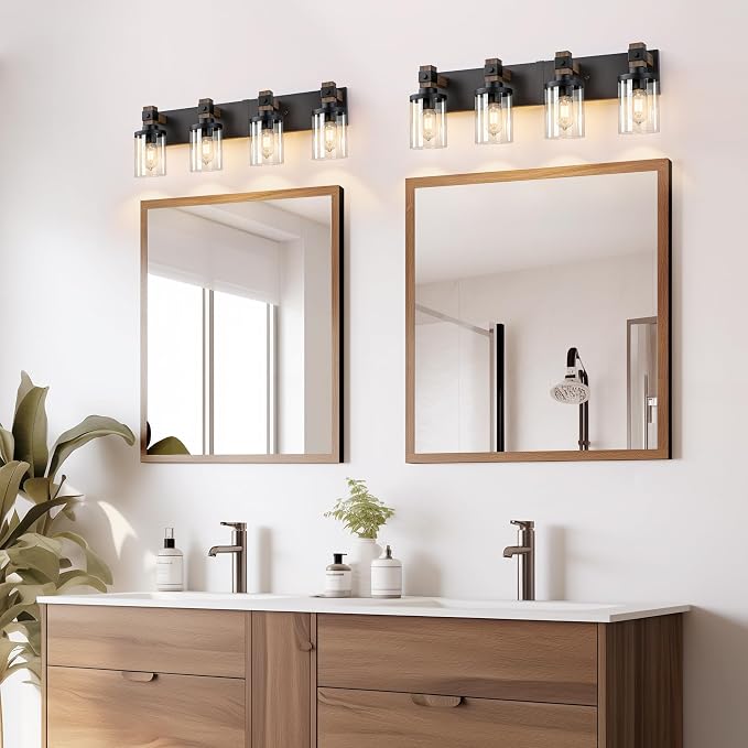 Farmhouse Bathroom Vanity Light Fixture, 4 Light Black Wood Over Mirror | Matte Black Metal & Wood with Clear Glass Shade, 4 Ligh Vanity Light Fixture Over Mirror for Farmhouse Industrial Bathroom