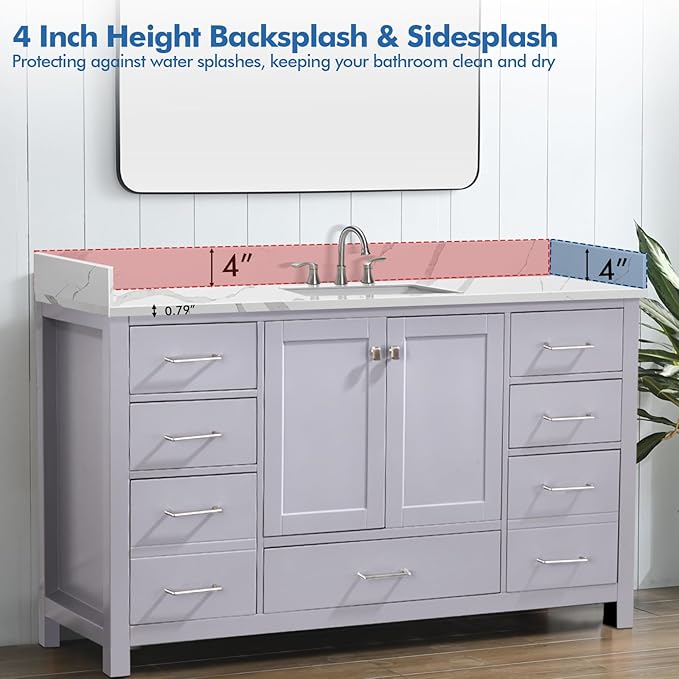 60 in.W x 22 in.D Quartz Calacatta River Vanity Top,with Undermount Middle Sink Vanity Top,with Two Sidesplash & One Backsplash,8 Inch Faucet Hole Spread Bathroom Vanity Sink Countertop