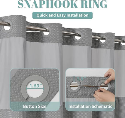 eachope No Hook Waffle Shower Curtain with Snap-in Liner, 71x80 Inch, Grey | 230 GSM waffle weave fabric, waterproof liner set with 2 bottom magnets, mesh top window, washable, for bathroom or hotel use