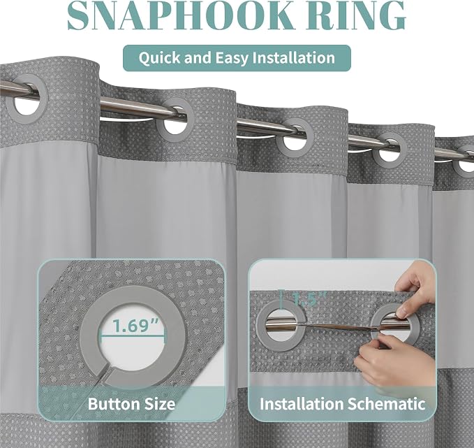 eachope No Hook Waffle Shower Curtain with Snap-in Liner, 54x80 Inch, Grey | 230GSM waffle weave fabric, waterproof liner set with 2 bottom magnets, mesh window, washable, for shower stalls or bathrooms
