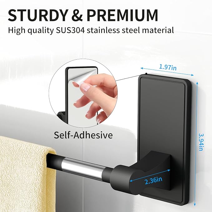 4 Pieces Bathroom Hardware Set, Stainless Steel Bathroom Accessory Set, 16 Inch Bath Towel Bar Set Self Adhesive Towel Racks for Bathroom Wall Mounted，Matte Black