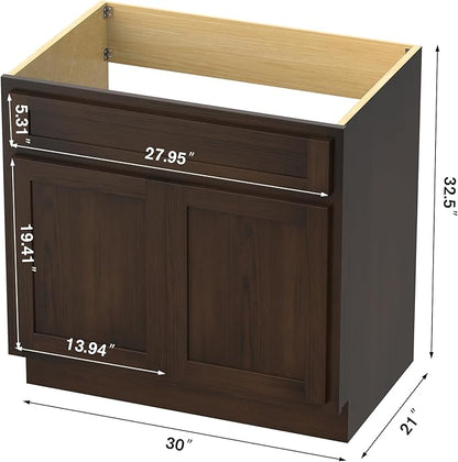 HomeBeyond 30 Inch Bathroom Vanity Base Only, Single Vanity Cabinet with Double Soft Closing Door, Composable Floor Mount Cabinets Without Top, Rustic Brown