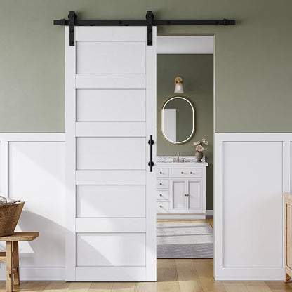SMARTSTANDARD 32in x 84in Sliding Barn Door with 6FT Hardware Track Kit | Waterproof PVC Surface, Pre-Drilled Holes Easy to Assemble, Solid, MDF, White, 5-Panel