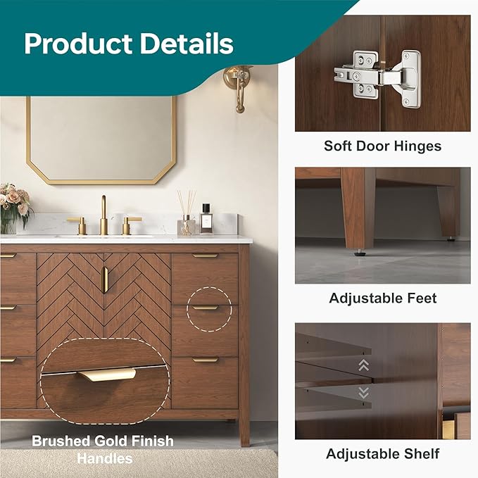 48 Inch Bathroom Vanity with Sink, No Assembly Required Single Sink Bathroom Vanity with Soft Close Doors & Dovetail Drawers, Solid Wood Bathroom Vanities, Engineered Stone Top, Walnut