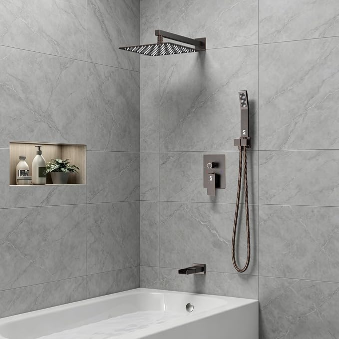 SR SUN RISE 12 Inch All Metal Square Shower System with Tub Spout, Tub Shower Faucet Set, High Pressure Rain Shower Head and Handheld Sprayer Shower Fixtues, Valve Included, Oil-Rubbed Bronze