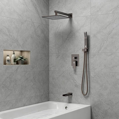 SR SUN RISE 12 Inch All Metal Square Shower System with Tub Spout, Tub Shower Faucet Set, High Pressure Rain Shower Head and Handheld Sprayer Shower Fixtues, Valve Included, Oil-Rubbed Bronze
