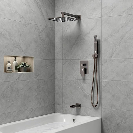 SR SUN RISE 12 Inch All Metal Square Shower System with Tub Spout, Tub Shower Faucet Set, High Pressure Rain Shower Head and Handheld Sprayer Shower Fixtues, Valve Included, Oil-Rubbed Bronze
