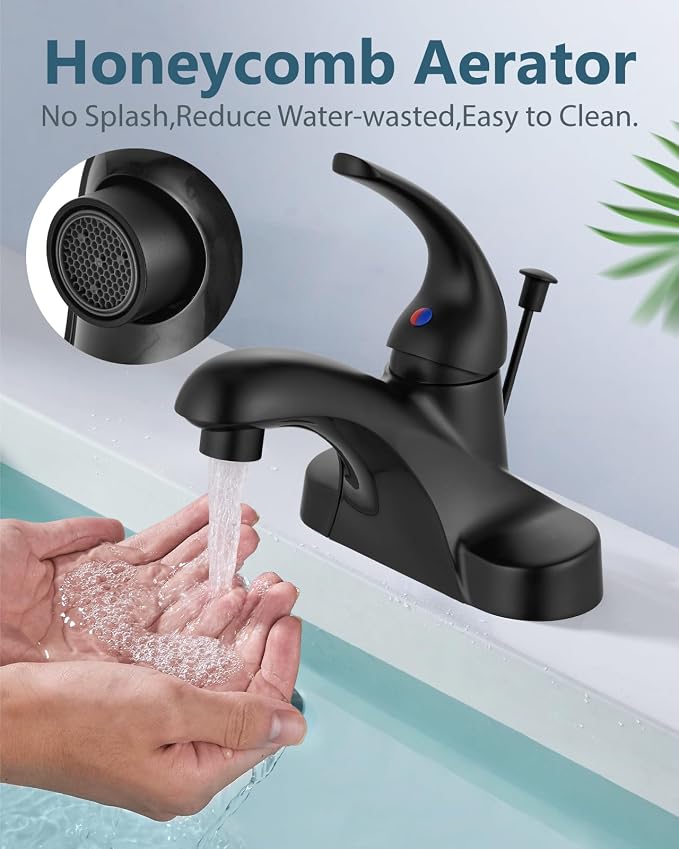 4-Inch Centerset Bathroom Sink Faucet with Drain, Matte Black | Single-Handle Vanity Faucet with Lift Rod Drain, 24-Inch Supply Lines, 1.2 GPM, 3-Hole Deck Mount, Easy Installation