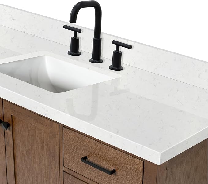 ARIEL Cambridge 60-inch Bathroom Vanity with Sink,Solid Wood, 1.5-inch Carrara White Quartz Countertop, Single Rectangular Porcelain Sink, 2 Soft Closing Doors, 9 Dovetail Drawers, Brown Oak