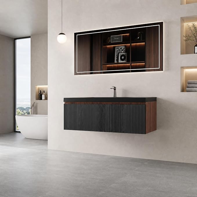 Floating Bathroom Vanity, 42" Wall Mounted Bathroom Cabinet with Matte Black Quartz Sand Sink & U-Shaped Soft-Close Drawer, Pre-Assembled Striped Storage Vanity for Bathroom, Walnut&Black