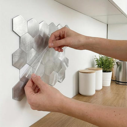 10pcs Peel & Stick Mosaic Wall Stickers - Waterproof/Anti-Skid/High Temp Resistant Decals, Multi-Purpose Removable Decoration for Kitchen Backsplash, Bathroom&Office (10, Silver)
