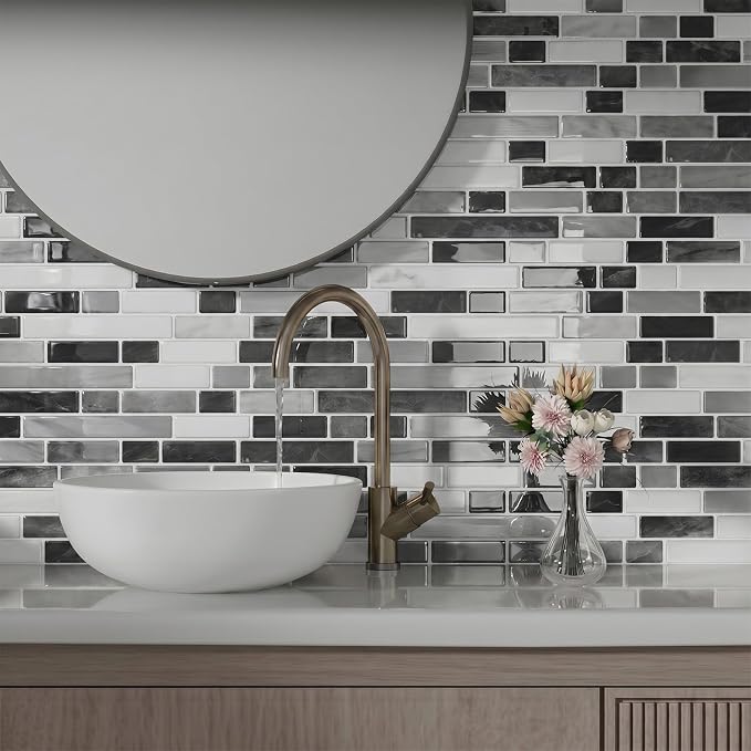 Peel and Stick Backsplash, Self Adhesive 10 Kitchen Tiles 12''x12'' | Gray White 3D Wall Tile Back Splash for Kitchen, Bathroom, Laundry Room