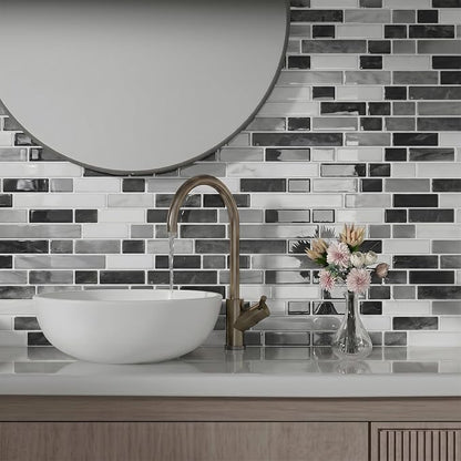 Peel and Stick Backsplash, Self Adhesive 10 Kitchen Tiles 12''x12'' | Gray White 3D Wall Tile Back Splash for Kitchen, Bathroom, Laundry Room