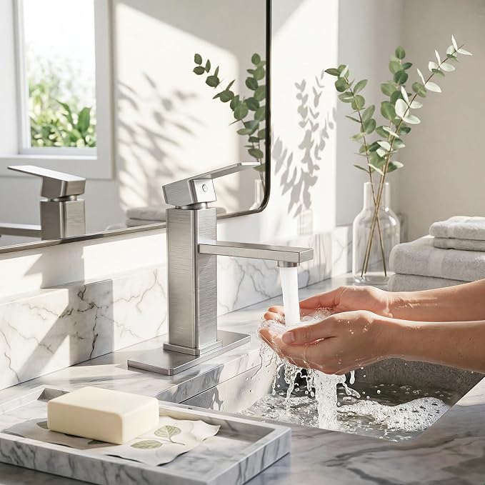 Jlorilaisa Brushed Nickel Bathroom Faucet Single Hole with Pop-Up Drain | Single Handle Bathroom Sink Faucet with Deck Plate, Suitable for RV, Farmhouse, Vanity Sinks, 1 or 3 Hole Installation