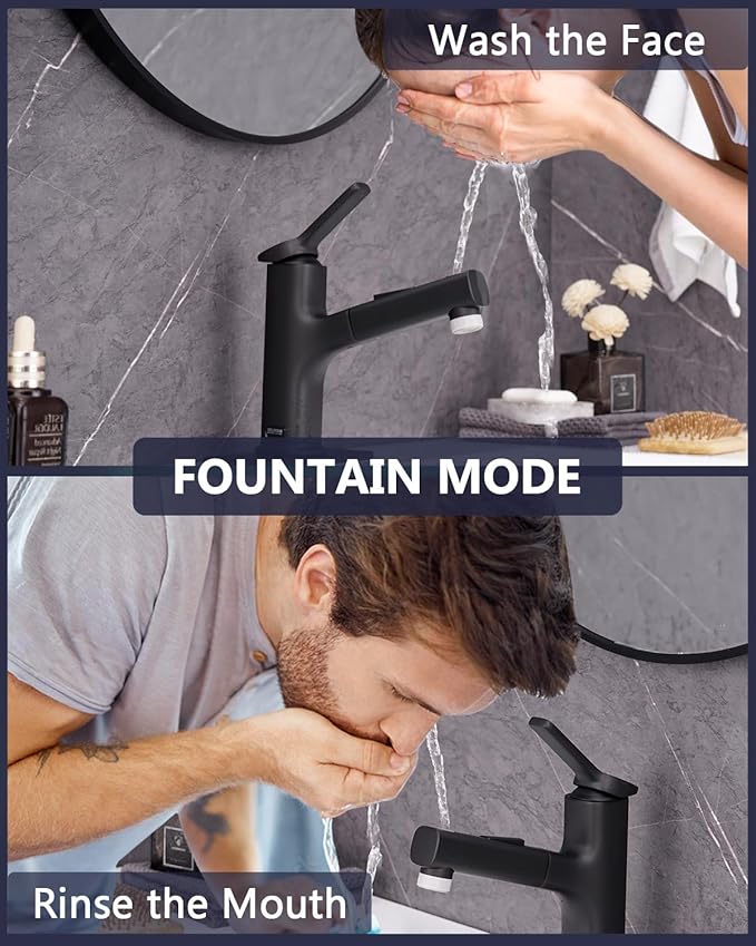 Pull Out Bathroom Faucet, Single Handle Bathroom Sink Faucet with Pull Out Sprayer, Bathroom Faucet for Sink, with Pop-up Drain & Deck Plate 1 or 4-inch Centerset 3 Hole, Matte Black